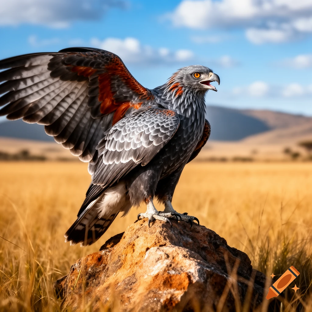 A majestic eagle with wings spread, perched on a rock in a sunny savanna with mountains in the background.
