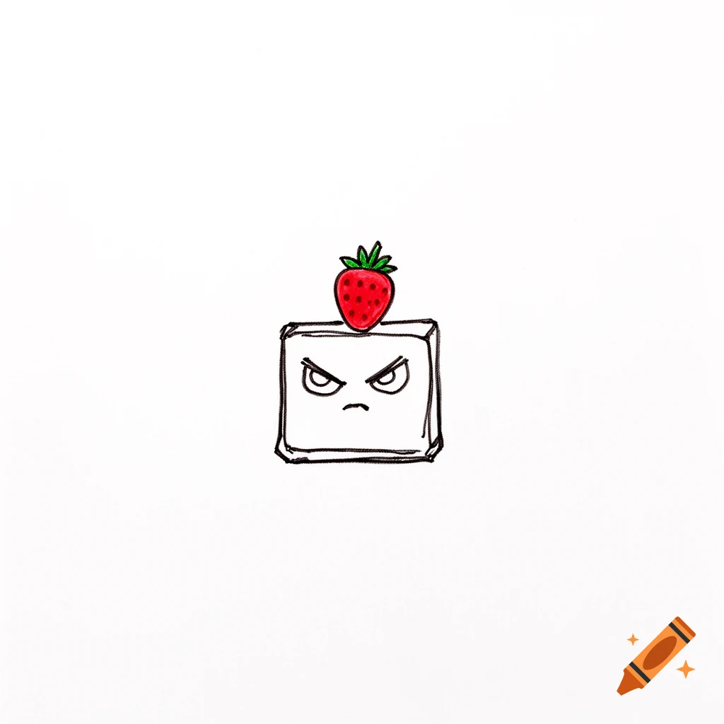 A simple black outline doodle of an angry square character with a red strawberry on its head, on a white background.