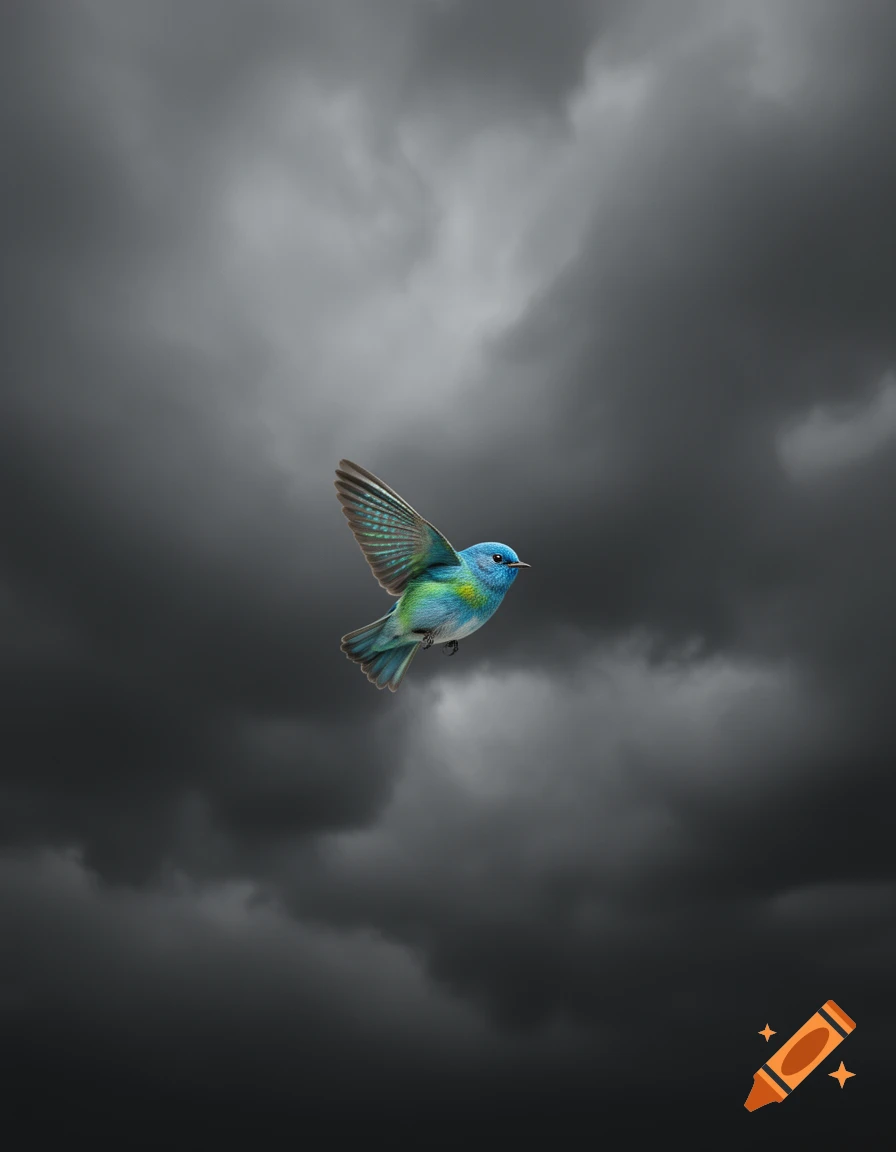 A colorful blue and green bird with outstretched wings flies against a dark, cloudy sky.