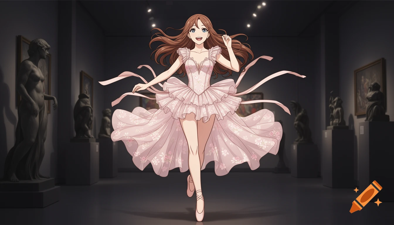 Anime woman in a flowing pink ballet dress with ribbons running through an art museum.