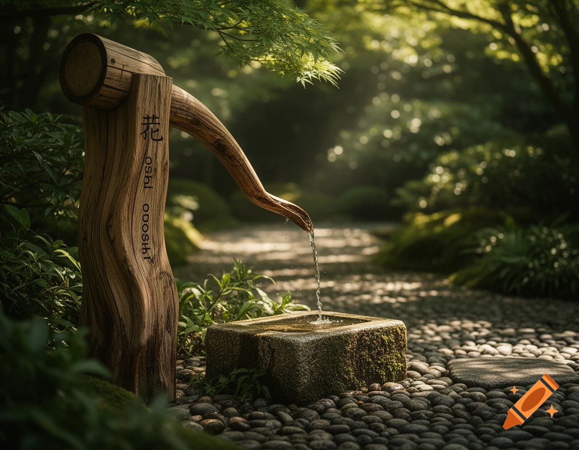 A rustic wooden oshi odoshi fountain in a serene Japanese garden, with water flowing into a moss-covered stone basin, surrounded by green plants and cobblestones.
