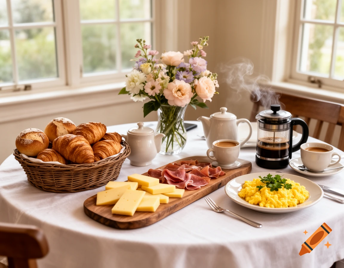 A photorealistic image of a brunch table with croissants, bread, cheese, ham, scrambled eggs, coffee, and flowers by a window.