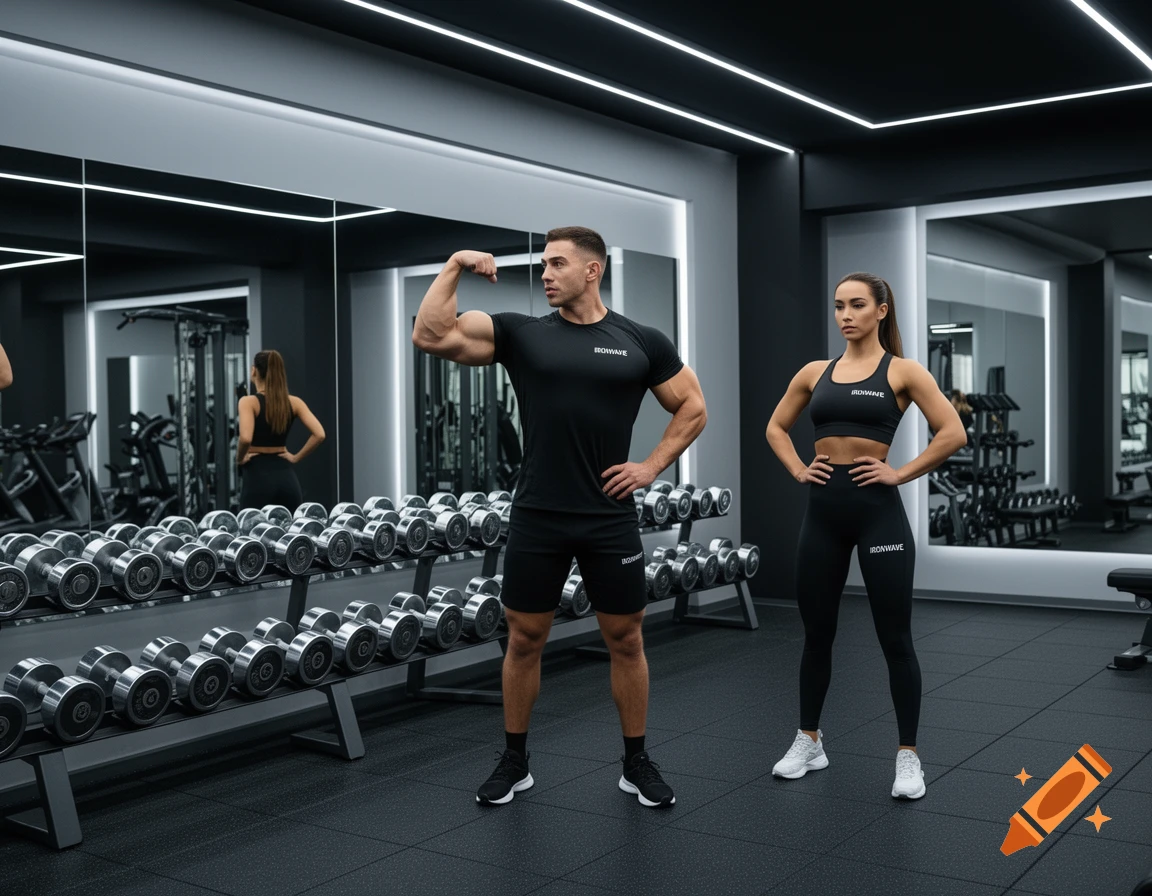 A muscular man flexing and a woman standing confidently with hands on hips, both in black gym wear in a modern gym.
