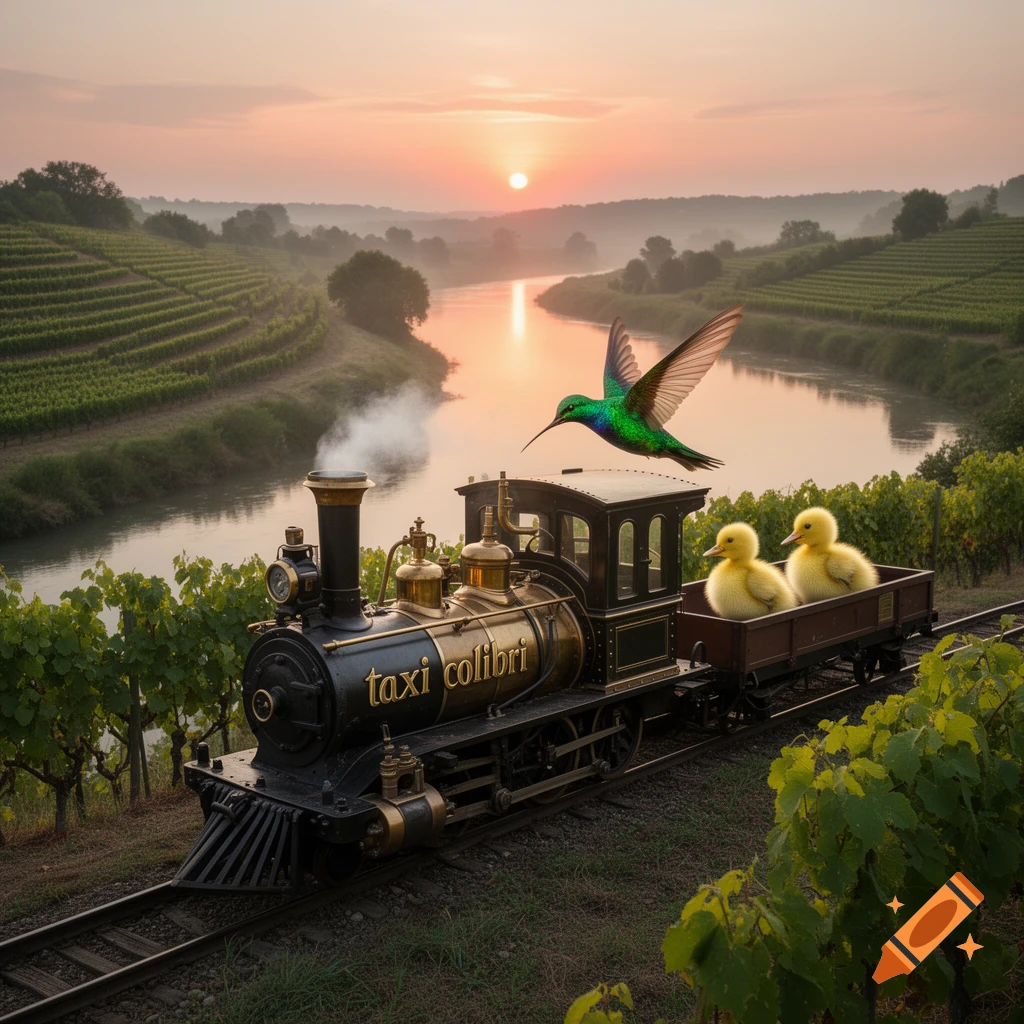Photorealistic miniature train with 'taxi colibri' on its side, carrying two ducklings, with a hummingbird flying over a river and vineyards at sunset.