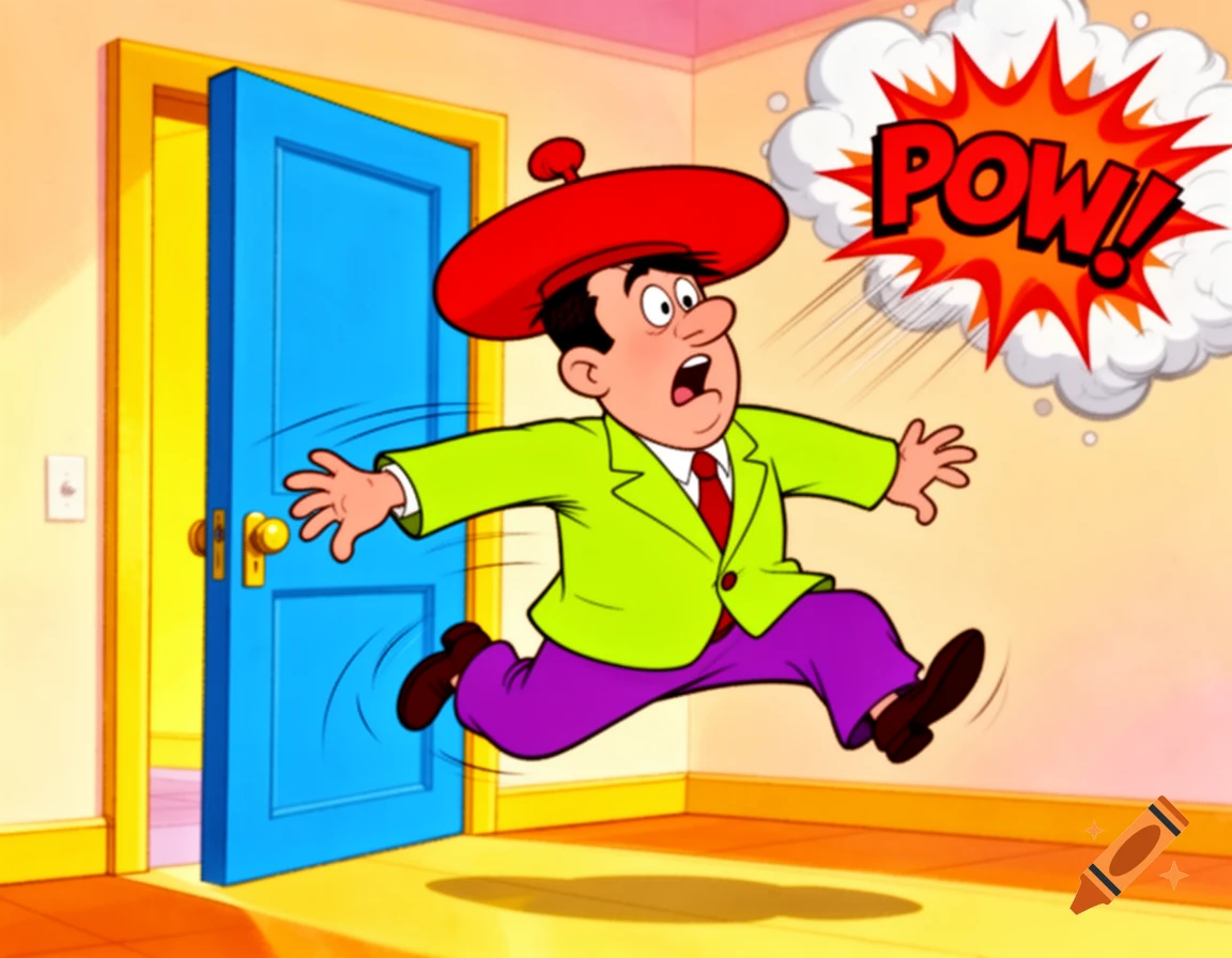 A cartoon man in a red beret, green jacket, and purple pants jumps out a blue door with a 'POW!' speech bubble above him.