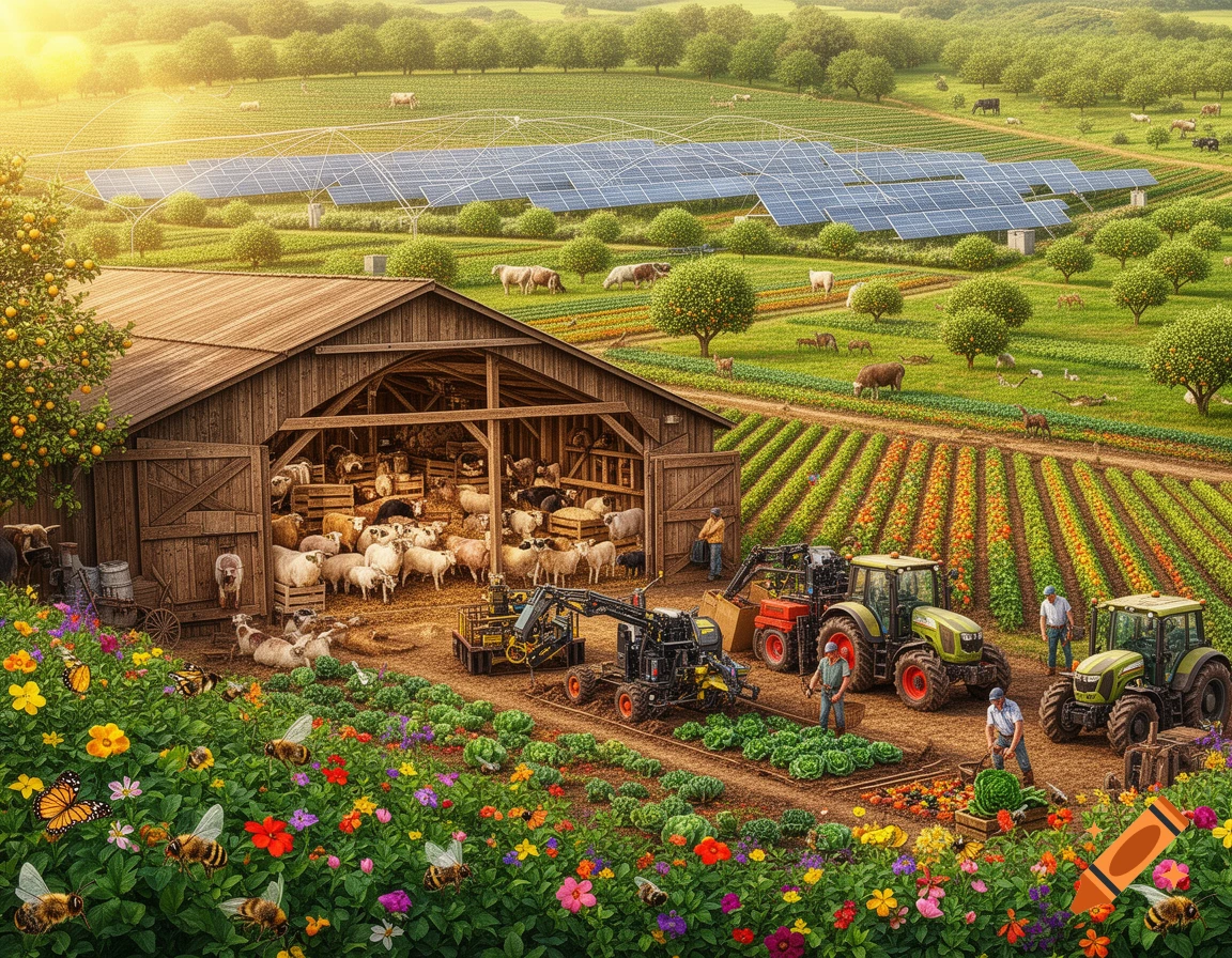Vibrant farm scene with barn, sheep, farmers, tractors, crop fields, solar panels, orchards, and colorful flowers with bees.