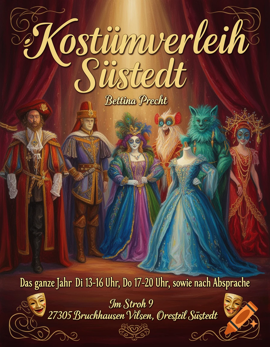 An illustrative poster for a costume rental shop, featuring various characters in elaborate historical and fantastical costumes against a red curtain backdrop. Text lists the shop name, owner, and opening hours.