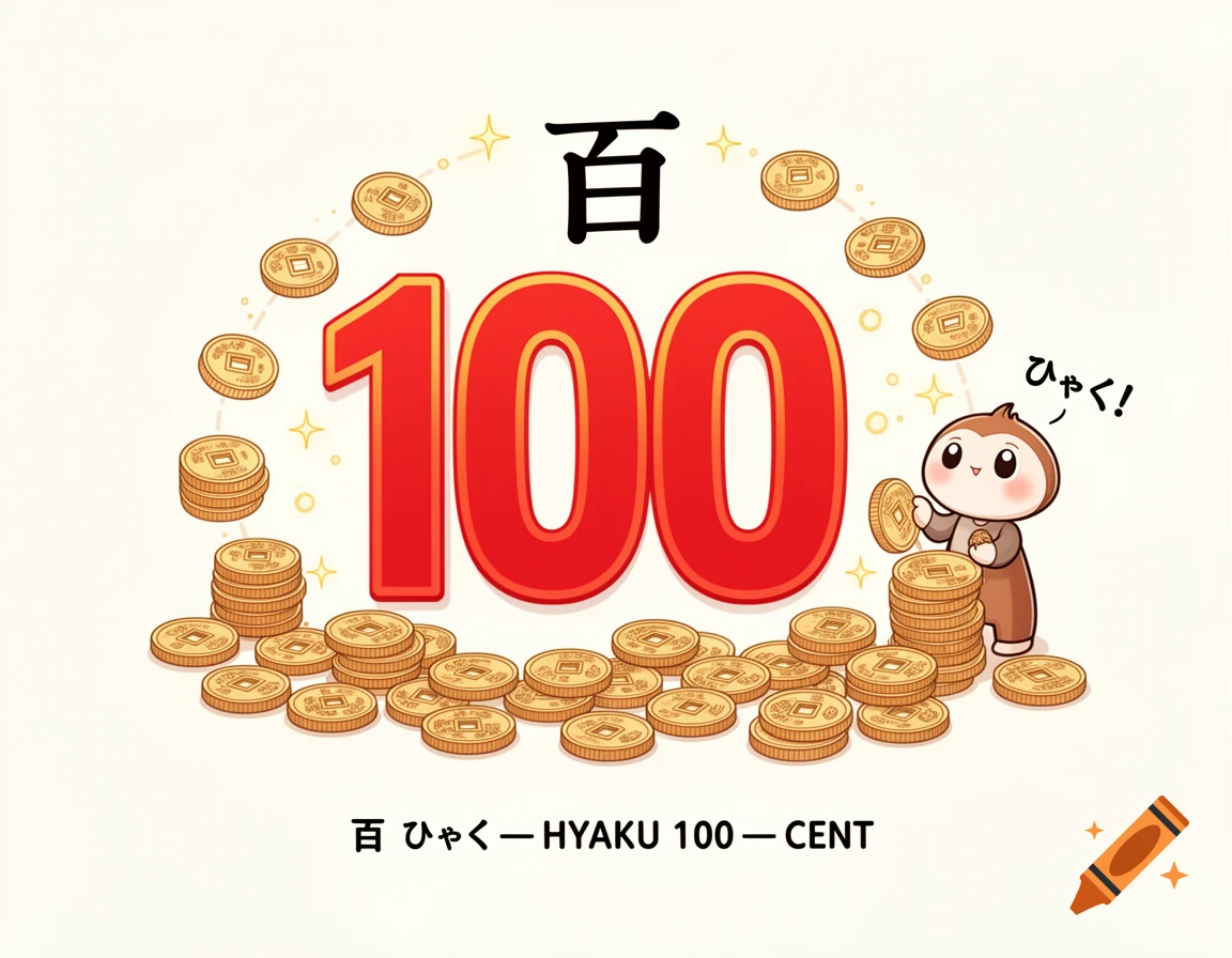 A cute Japanese mascot character counting golden coins next to a large red '100' and the kanji '百' in a vibrant, educational illustration.