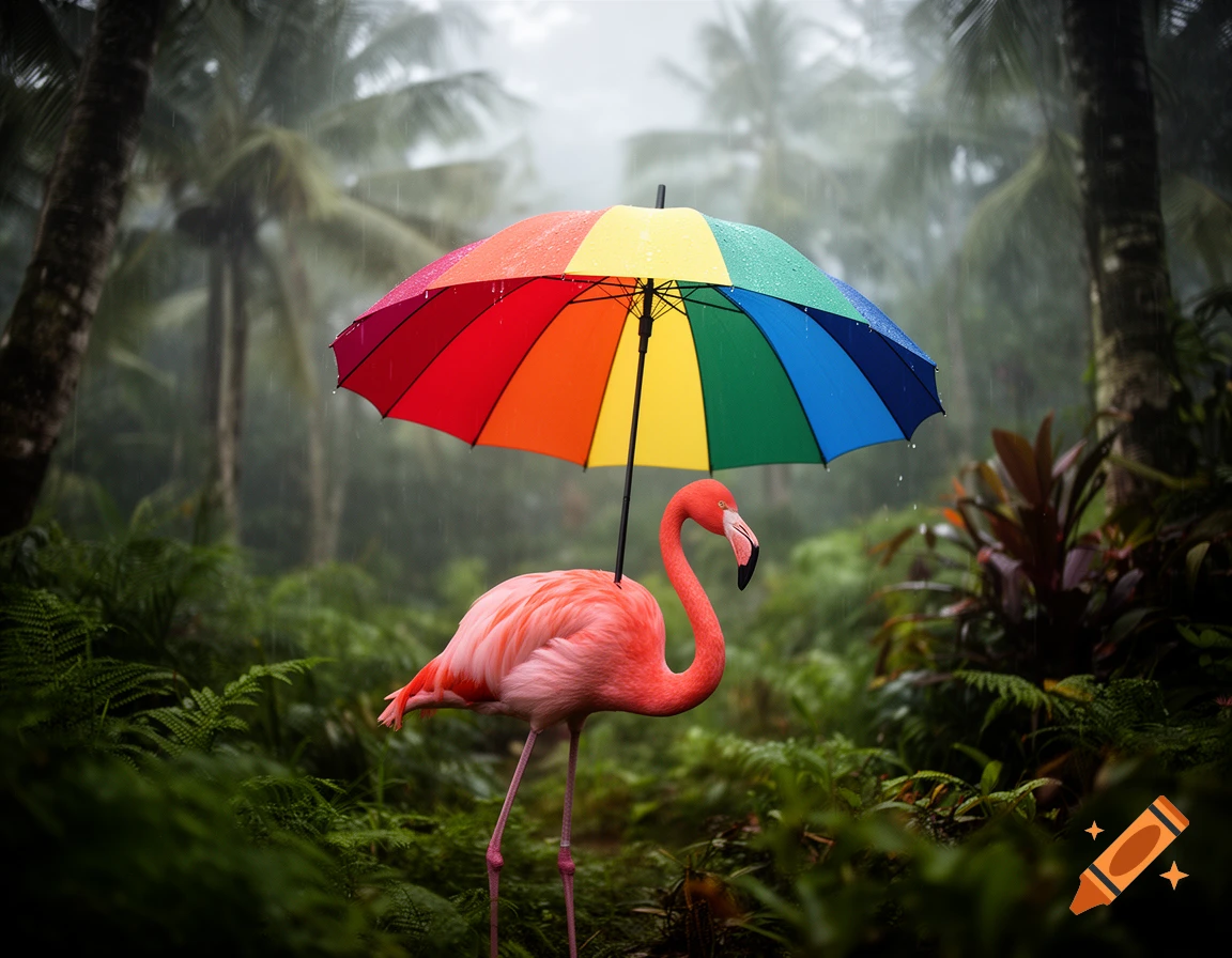 A pink flamingo stands in a tropical forest during a rain shower, holding a colorful rainbow umbrella.