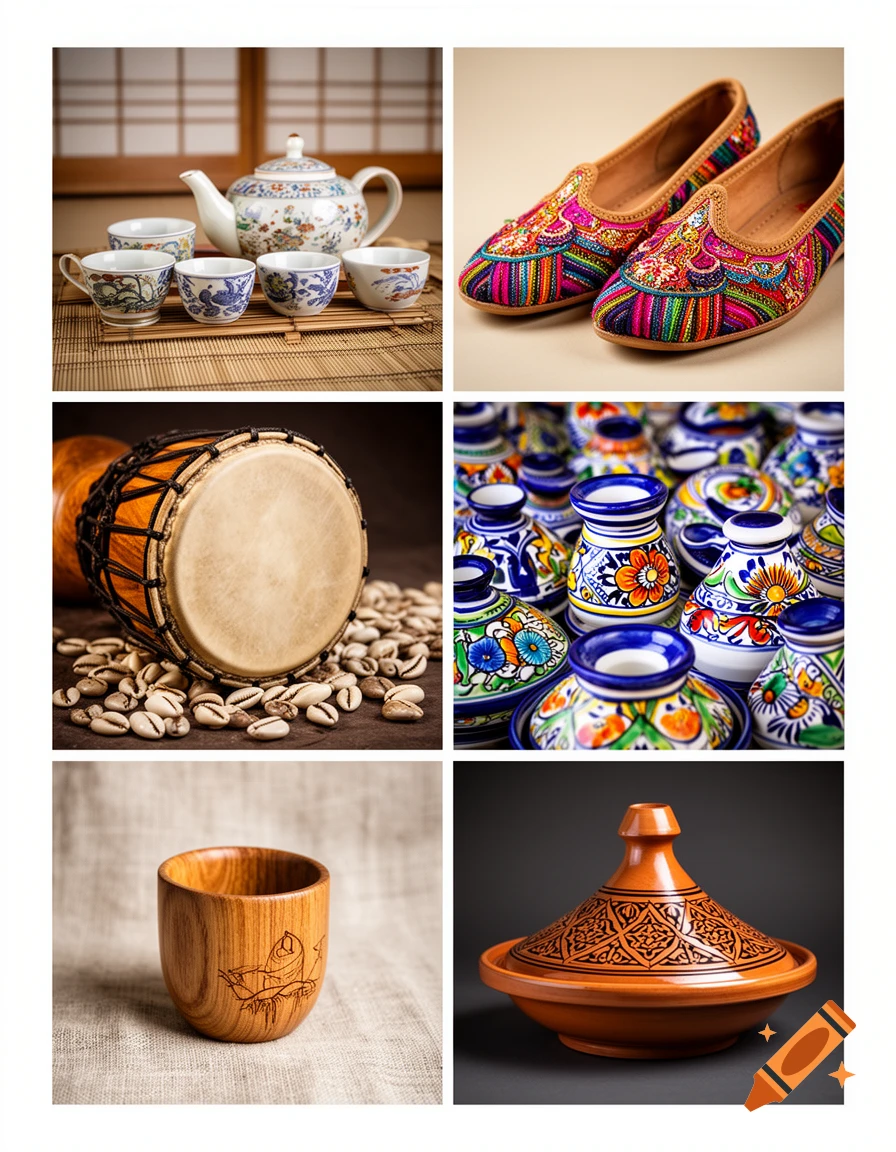 A grid of six photorealistic images showcasing diverse cultural items: a tea set, embroidered shoes, a djembe drum, colorful pottery, a wooden cup, and a tagine.