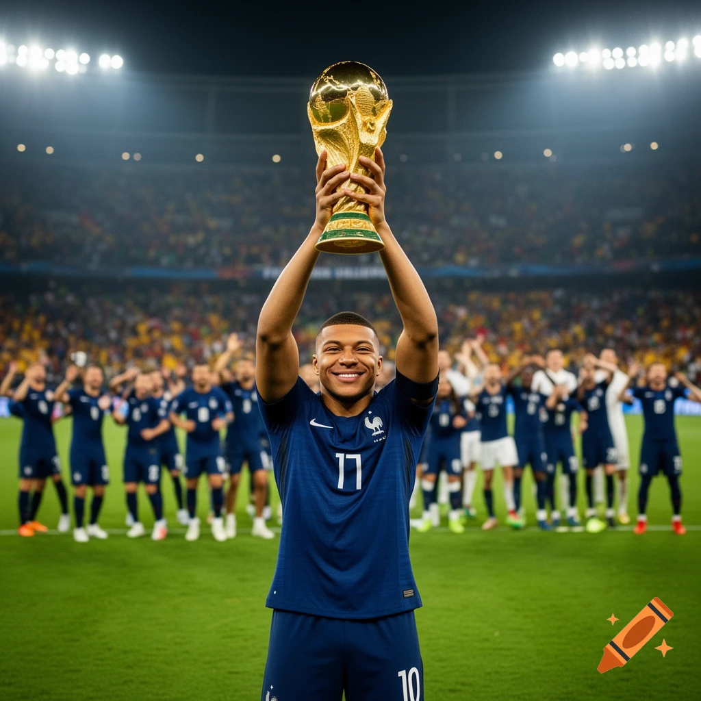 Kylian Mbappe smiles while holding the golden World Cup trophy above his head on a football field with a cheering crowd.