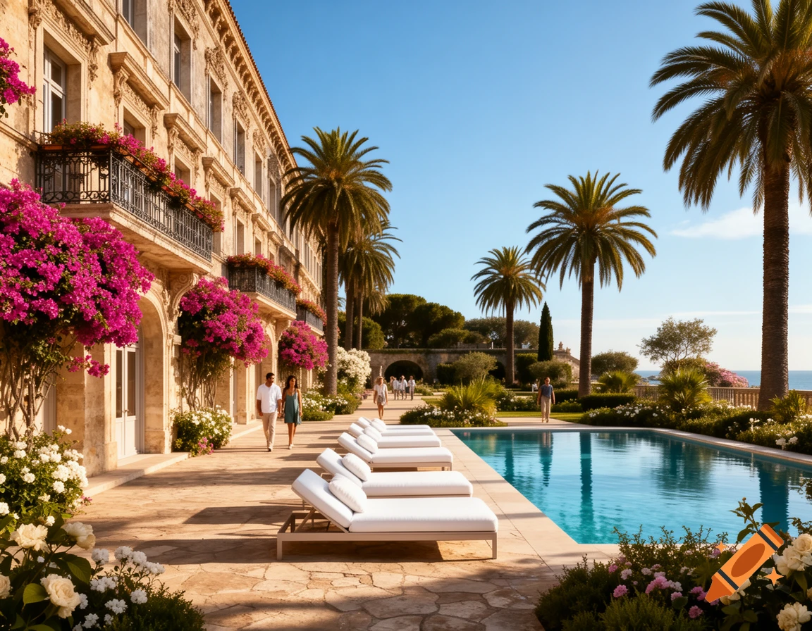 A luxurious resort building covered in pink bougainvillea, with a swimming pool, lounge chairs, palm trees, and people walking on a sunny day.