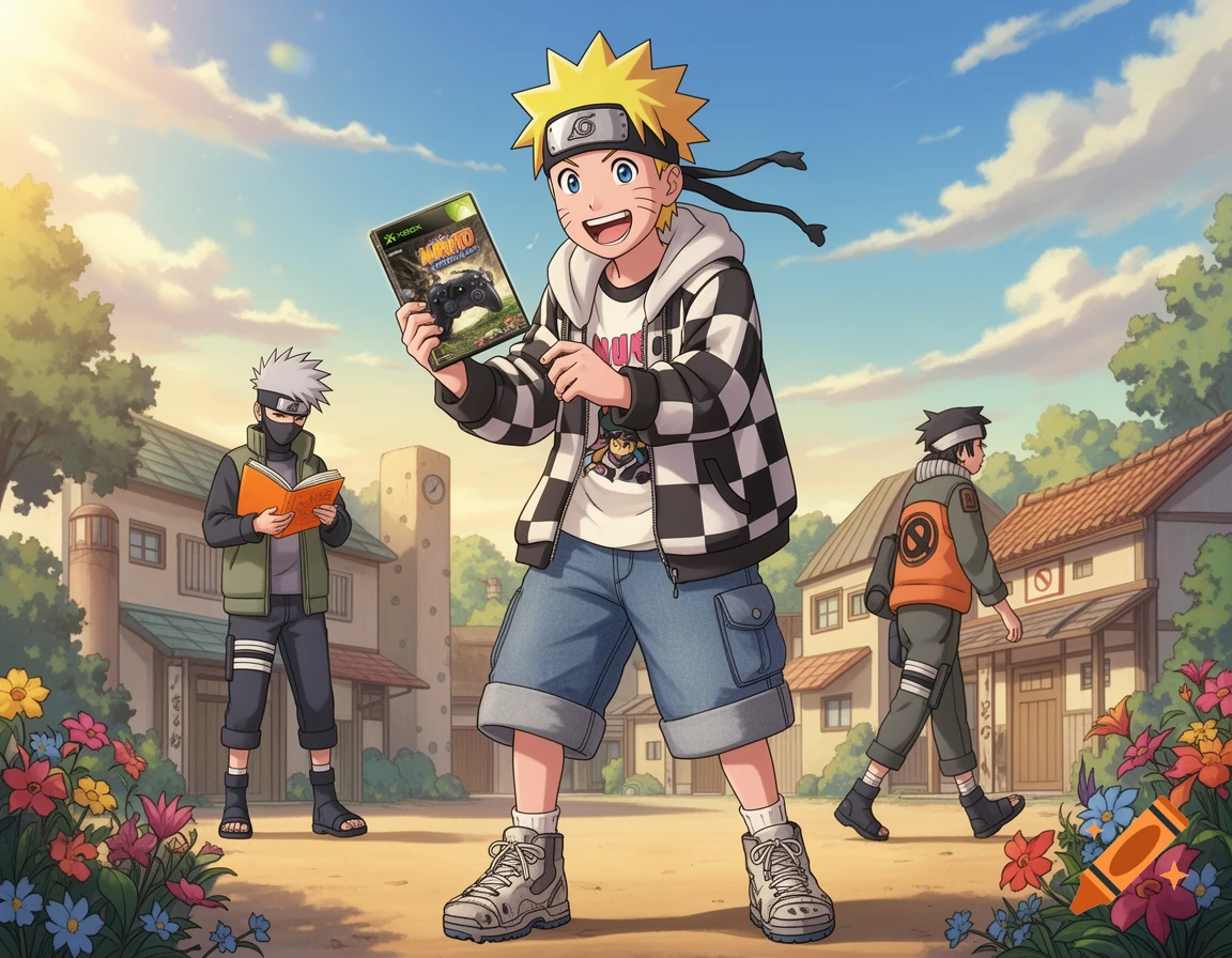 Naruto in a 2000s skate outfit holds an Xbox game case, excited, with Kakashi reading a book and another character walking in a village setting.