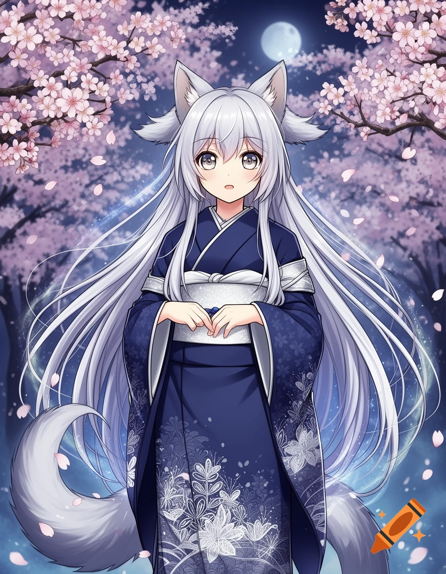 An anime fox girl with long silver hair, wolf ears, and tail, wearing a dark blue kimono under cherry blossom trees at night with a full moon.