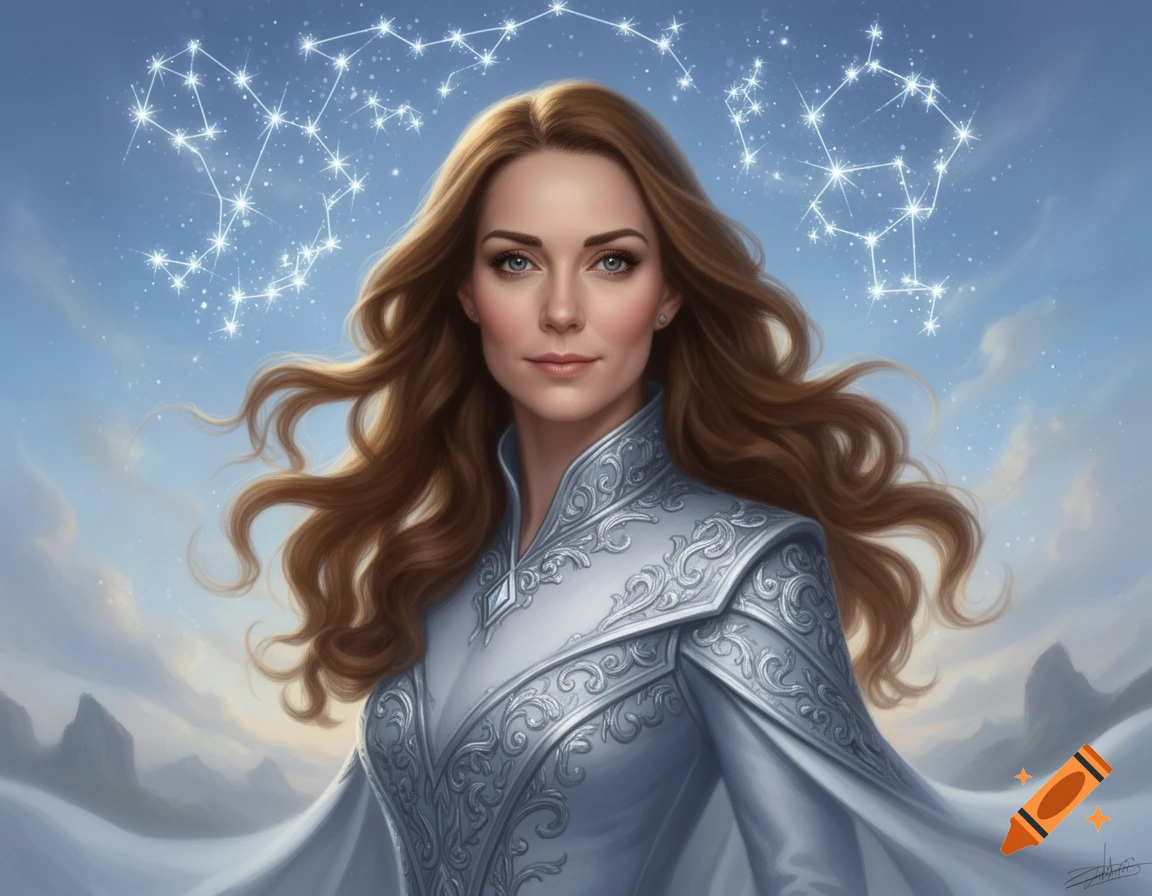 Digital painting of a woman resembling Catherine Middleton in an ornate white fantasy gown, with constellations in a blue sky above snowy mountains.