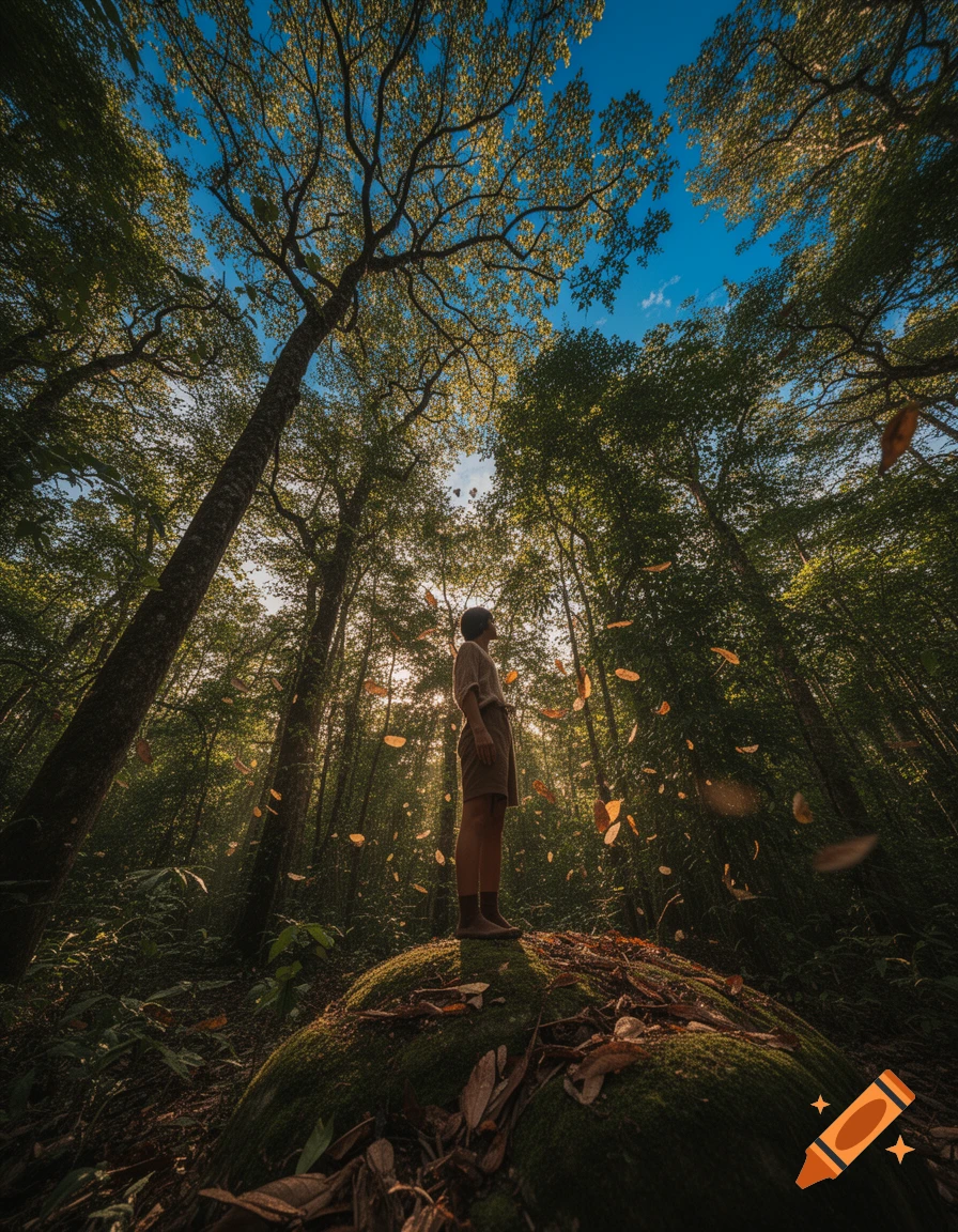 Photorealistic image of a person standing on a mossy rock in a forest, looking up at tall trees as leaves fall.