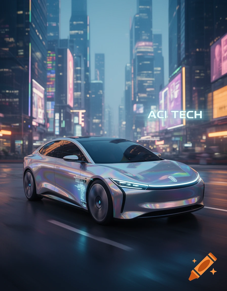 A sleek, silver iridescent futuristic car drives on a wet city street at night, with neon-lit skyscrapers in the background displaying "ACI TECH".