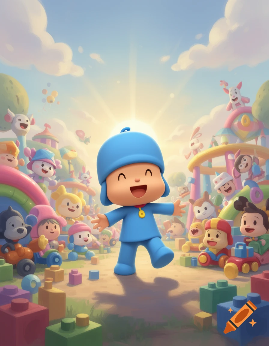Happy cartoon character Pocoyo with arms open, surrounded by other characters and colorful building blocks in a sunny playground.