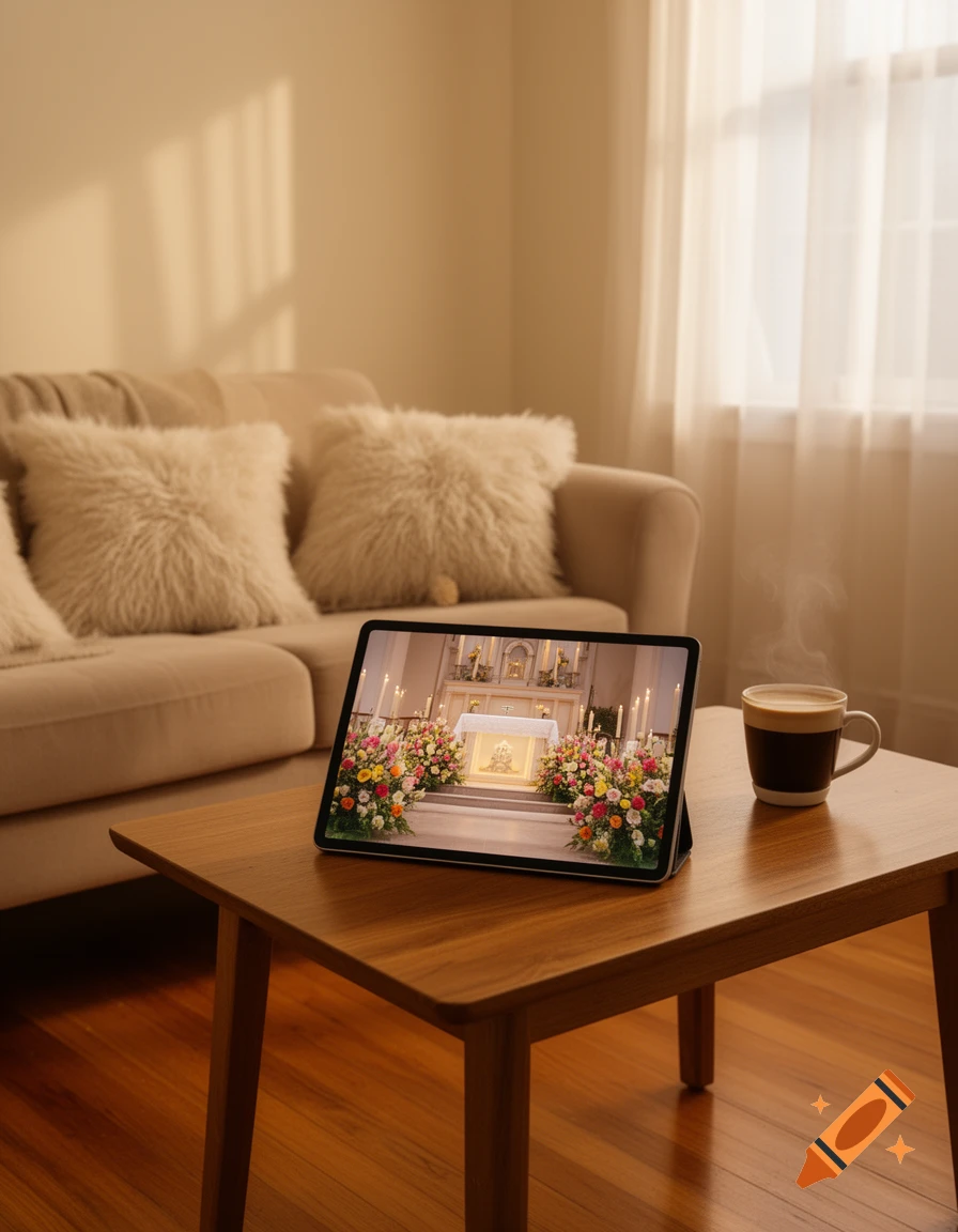 A tablet on a wooden coffee table displays a flower-decorated church altar, next to a steaming mug, in a warm-lit living room.