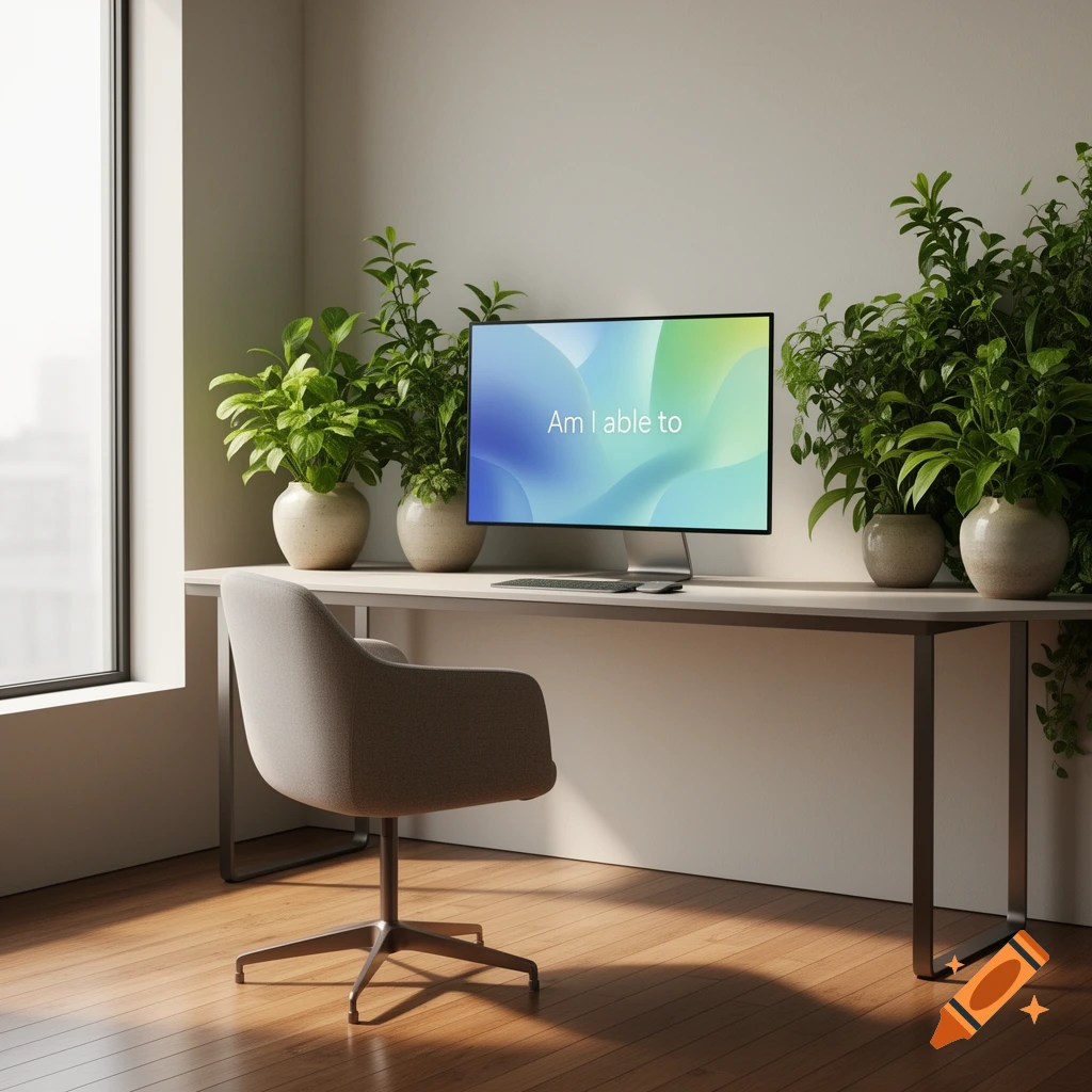A modern office desk with a computer monitor showing "Am I able to", surrounded by green plants and a window.