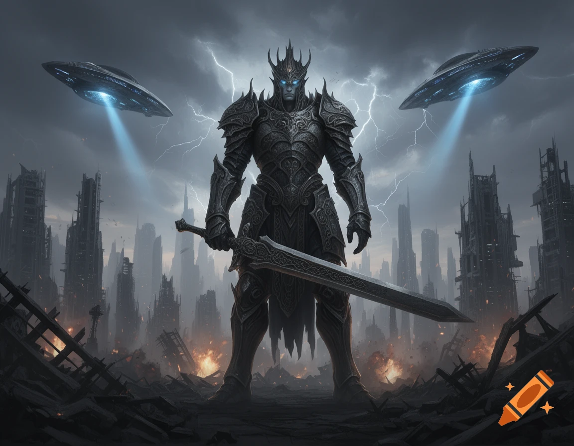 A massive armored warrior with glowing eyes stands with a sword in a ruined city under a stormy, lightning-filled sky, as two UFOs hover above.