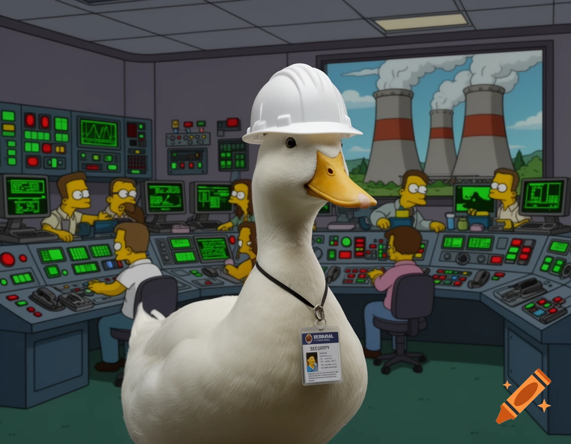A photorealistic white duck in a hard hat and security badge stands in the animated Simpsons nuclear power plant control room with cartoon technicians.