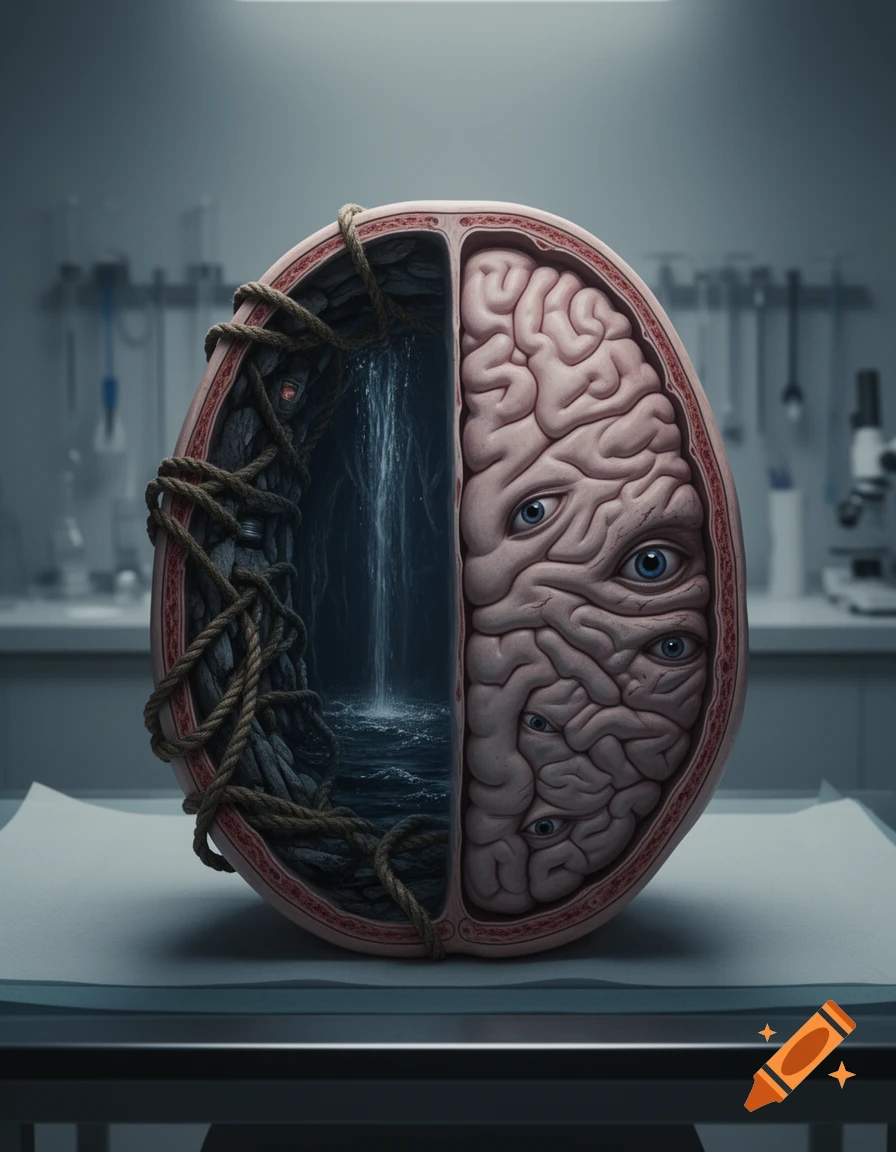 A halved human brain revealing a normal side and a surreal side depicting a waterfall, ropes, and multiple eyes, set in a medical lab.