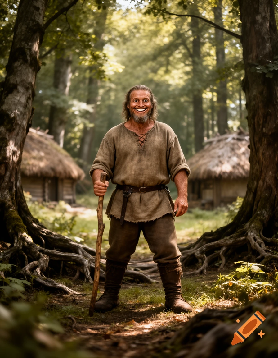 A man with an eerie, wide smile in peasant attire holds a staff in a forest clearing with thatched huts. Photorealistic.