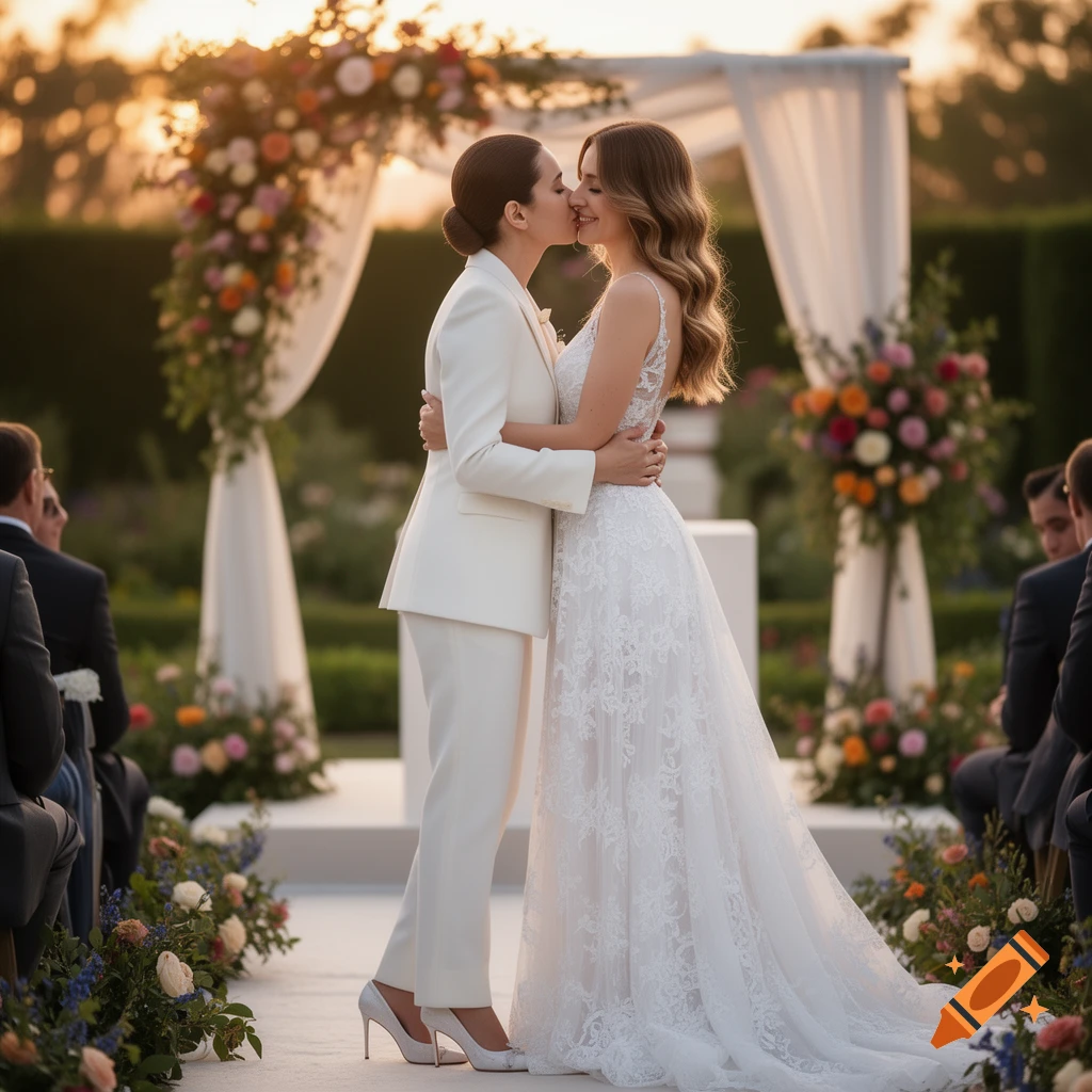 Two women, one in a white suit and one in a white lace dress, kiss at an outdoor wedding ceremony.