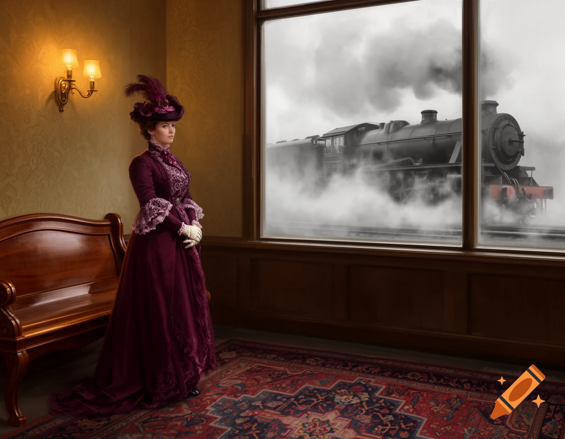 A Victorian lady in a purple gown and hat stands in a waiting room, looking out a window at a steam train in a photorealistic painting.
