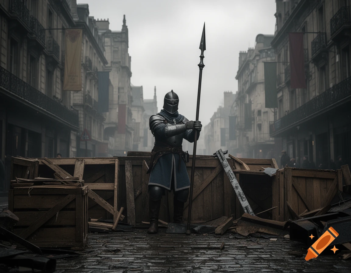 A knight in full plate armor stands behind a makeshift barricade with a pike in a gloomy, cobblestone city street.