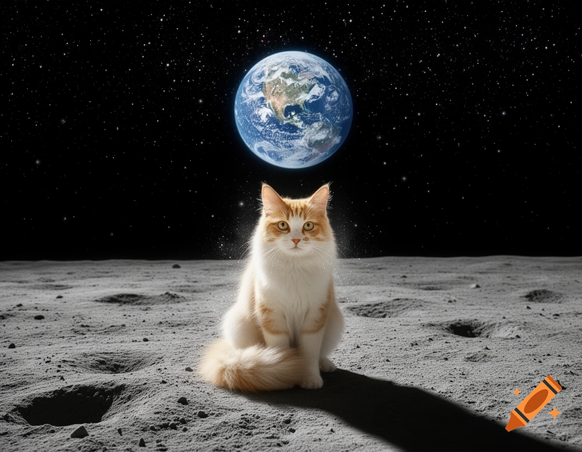 A photorealistic ginger and white cat sits on the grey, cratered surface of the moon, looking up at planet Earth in the starry black sky.