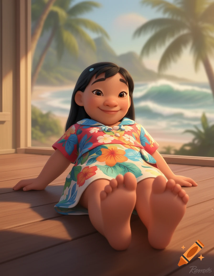 3D animated Lilo Pelekai sits on a wooden porch, looking at the viewer with bare feet, a tropical beach and palm trees in the background.