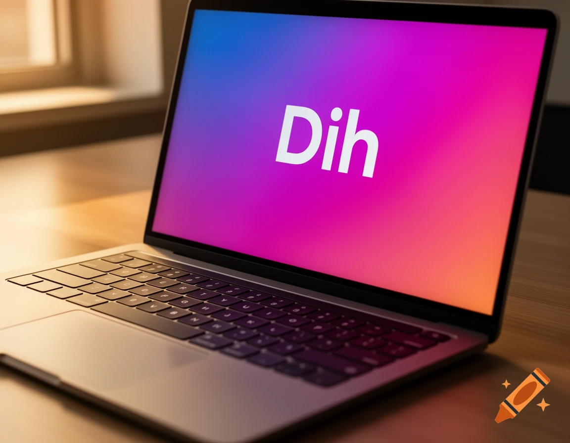 Photorealistic laptop with 'Dih' on a vibrant gradient screen, resting on a wooden desk near a window.
