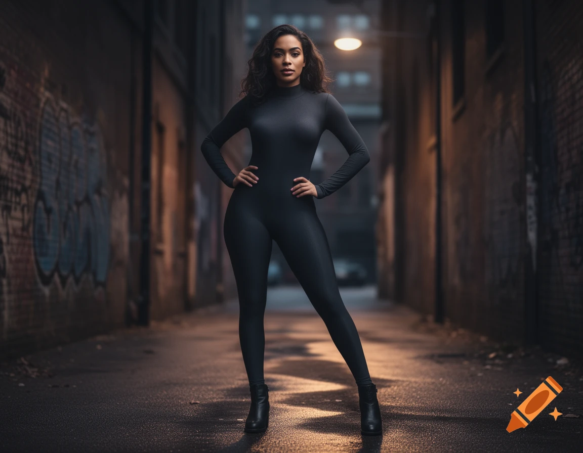 A woman in a form-fitting black bodysuit and boots stands confidently in a dark, graffiti-covered urban alleyway at night, lit by a single overhead lamp.