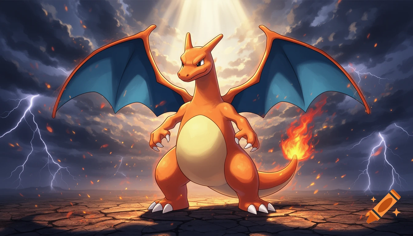 An orange Charizard stands on cracked earth under a stormy sky with lightning, bathed in dramatic light.