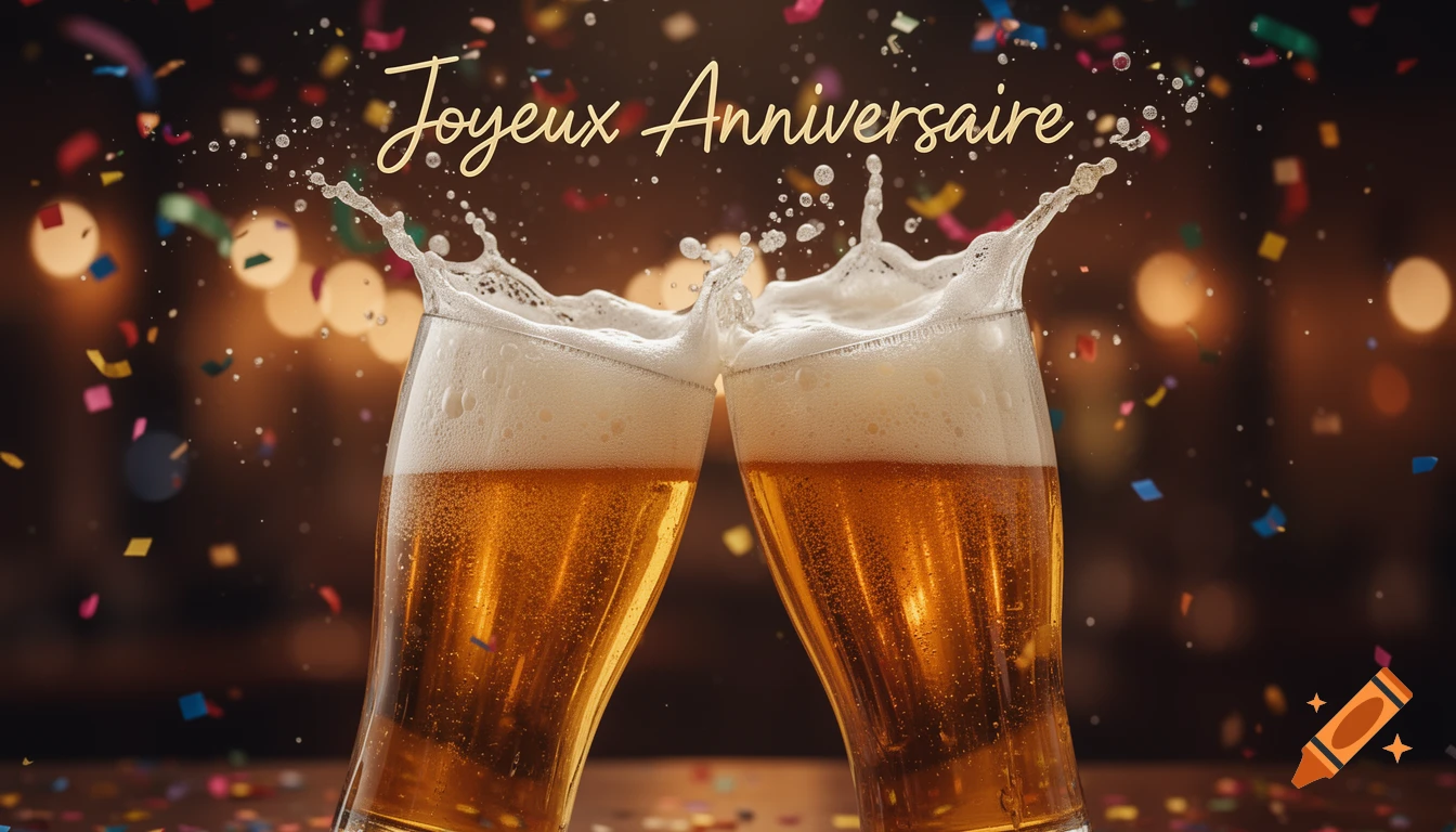 Two beer glasses clinking with splashing foam and confetti, 'Joyeux Anniversaire' text, blurred party lights. Photorealistic.