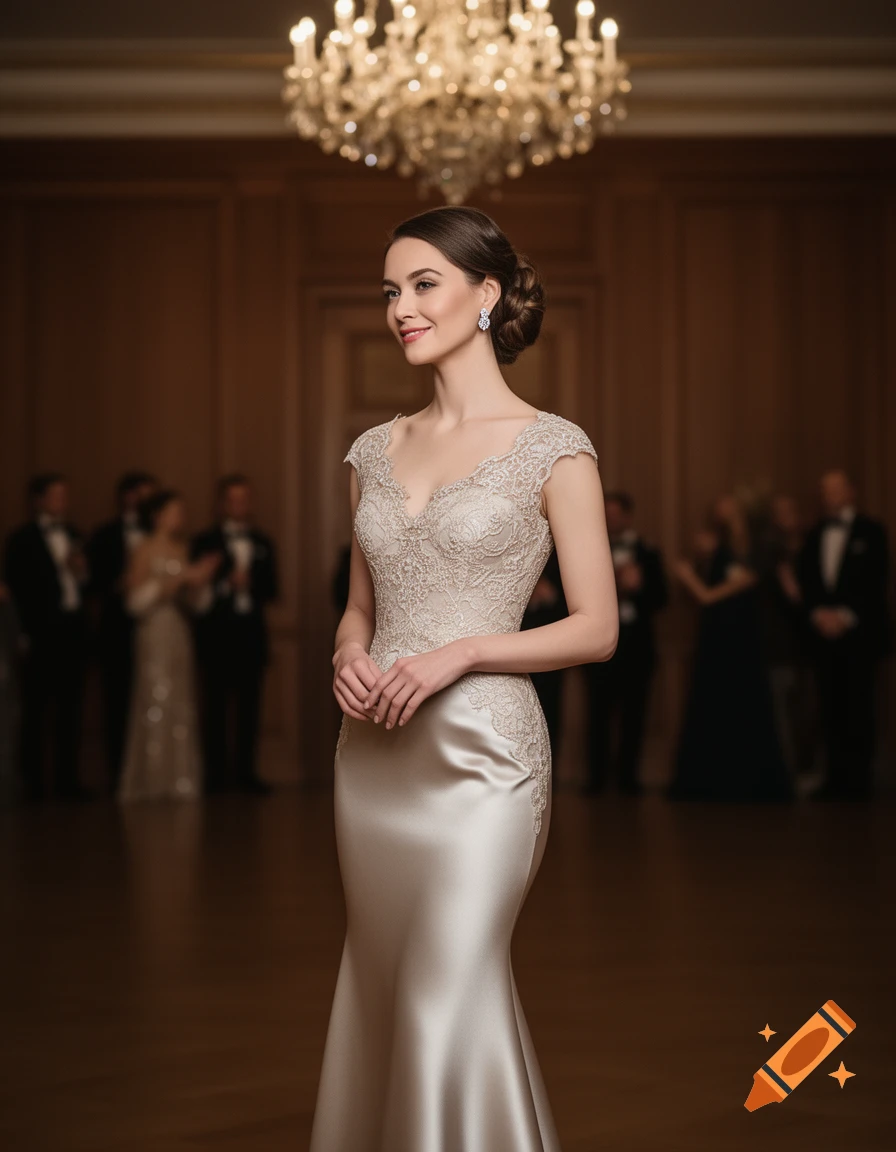 An elegant woman in a champagne-colored lace gown smiling in a ballroom under a chandelier.