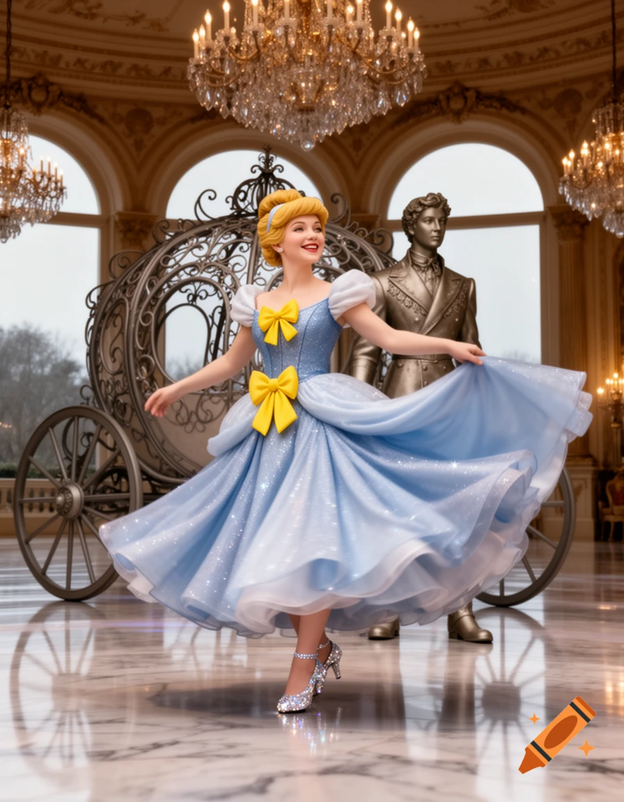 Cinderella in a sparkling blue gown dancing joyfully in a grand ballroom with a carriage and a statue of a prince.
