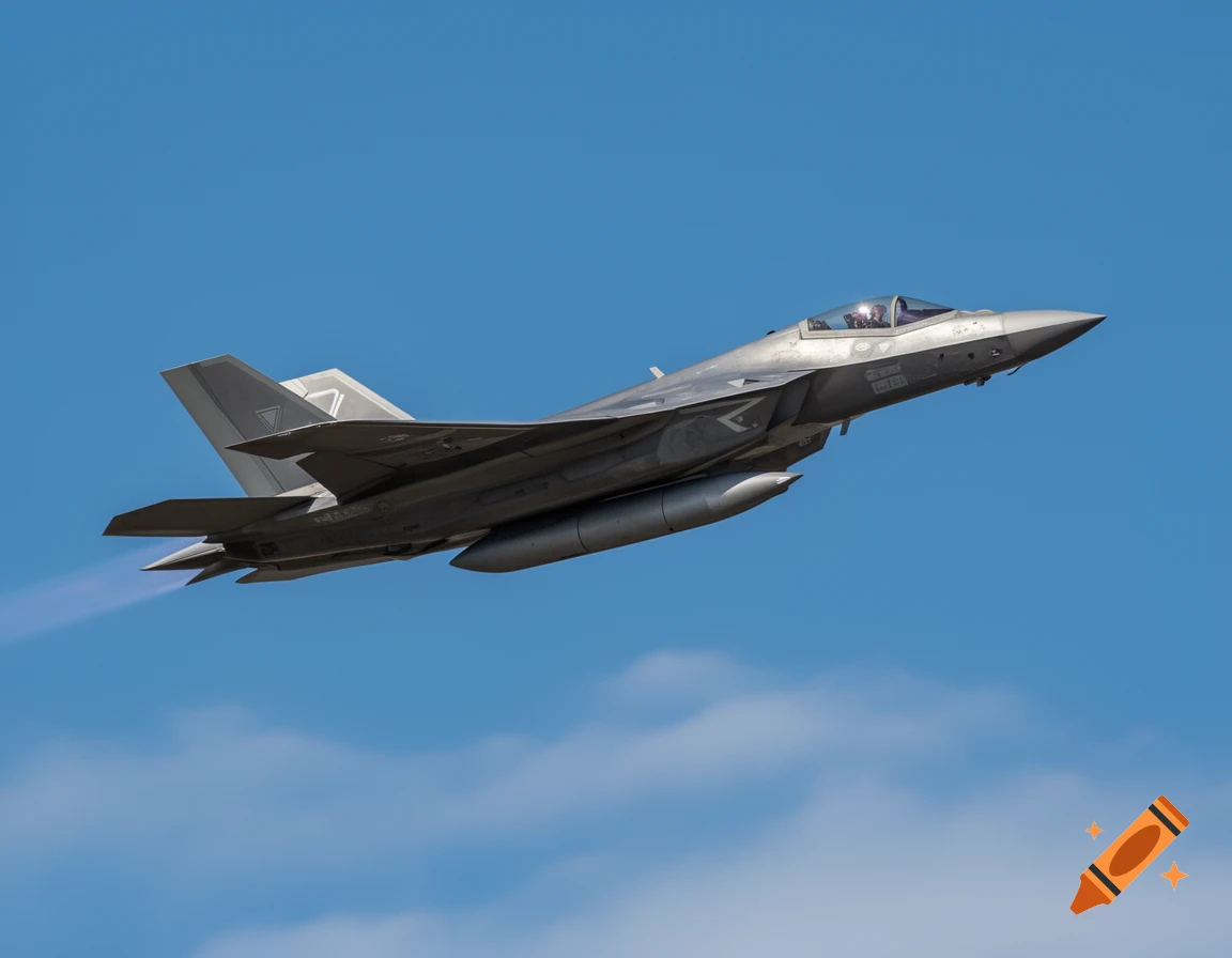 A photorealistic gray stealth fighter jet with an external fuel tank flies through a clear blue sky, leaving a faint contrail.