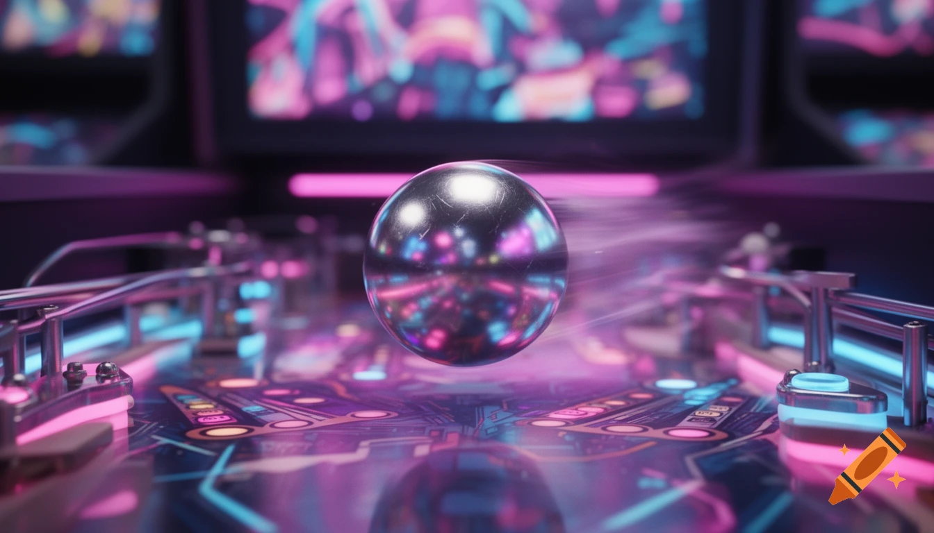 A shiny silver pinball moving fast on a neon-lit pinball machine table with vibrant pink and blue LED lights, showing reflections and motion blur, in a photorealistic style.