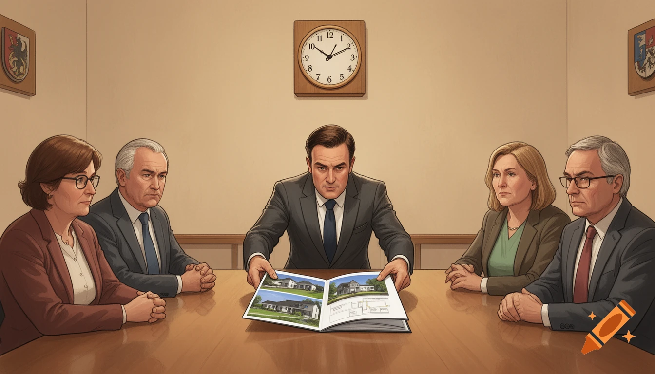 Five people, three men and two women, in a business meeting. A man in the center presents a glossy folder with house images. A clock on the wall reads almost 2:30.