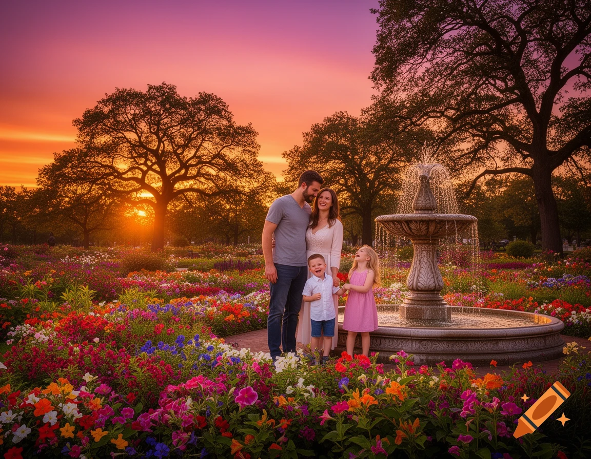 A family of four stands in a vibrant flower garden with a fountain at sunset, against an orange and purple sky.