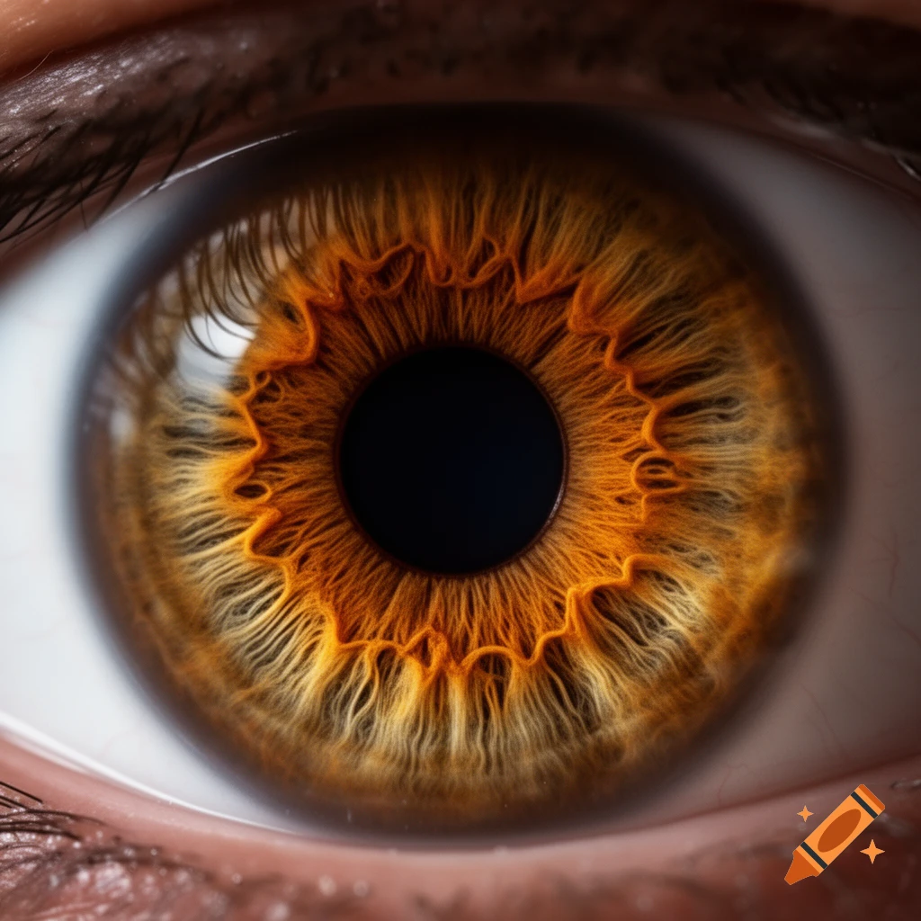 Close-up macro photograph of a human eye iris with intricate hazel and amber patterns.