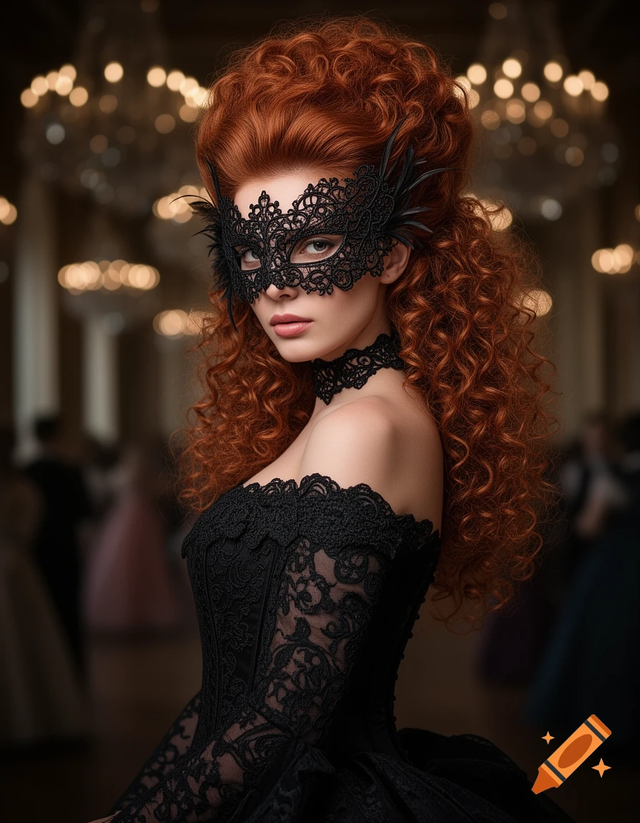 Photorealistic portrait of a woman with voluminous red curly hair wearing a black lace masquerade mask and an off-shoulder black lace gown in a blurred ballroom.