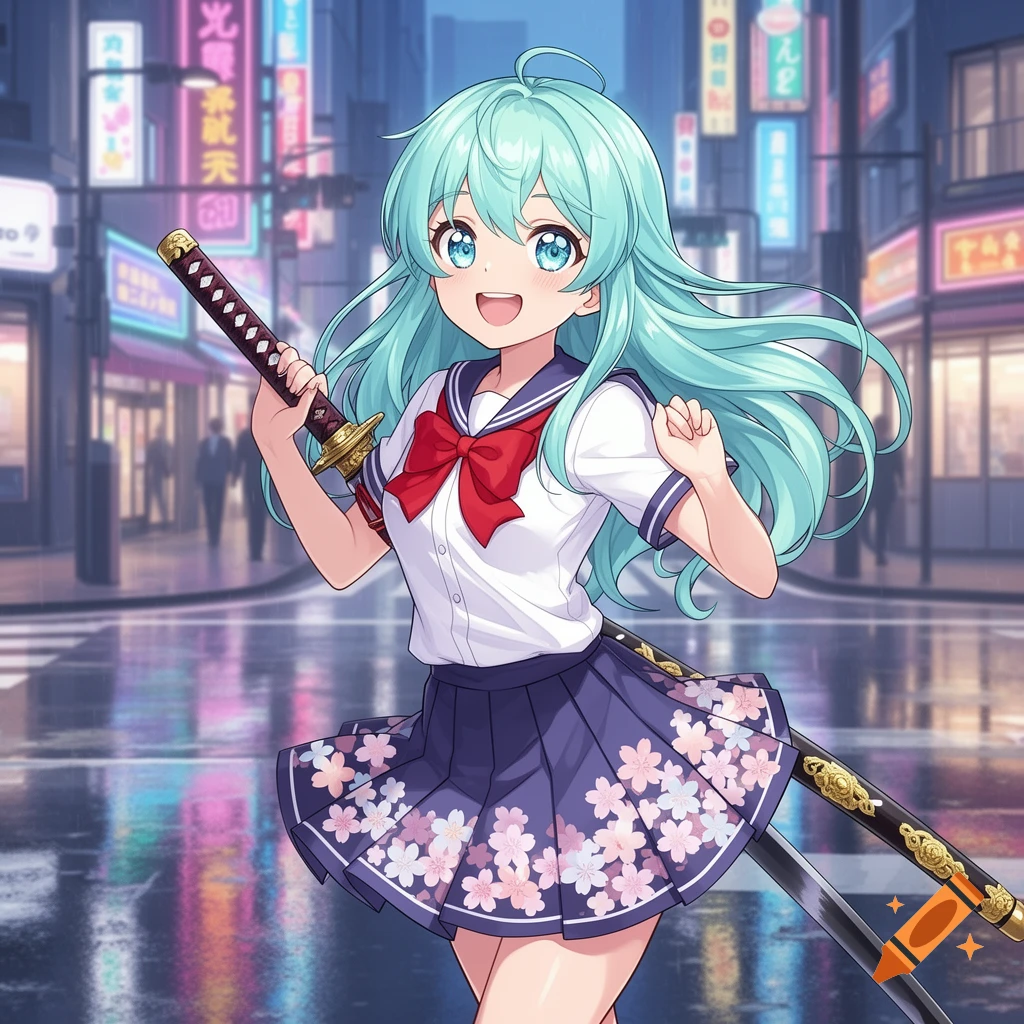 Anime schoolgirl with light blue hair, a red bow, and a navy uniform holding a katana on a rainy city street at night.