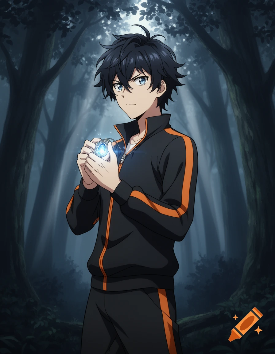 An anime boy with black hair and blue eyes, wearing a black and orange tracksuit, holds a glowing locket in a dark forest.