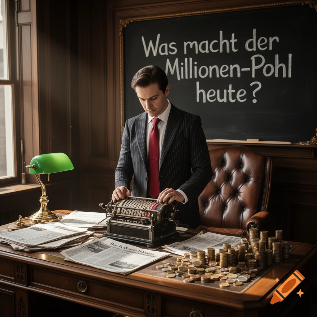A man in a suit operates a vintage calculating machine at a wooden desk with newspapers and coins, a blackboard behind him.