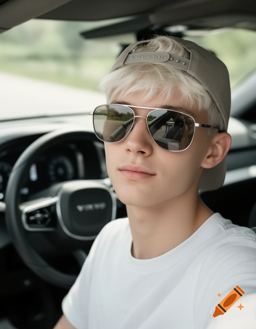 A photorealistic portrait of a young blonde man in sunglasses and a backward baseball cap sitting in the driver's seat of a car.