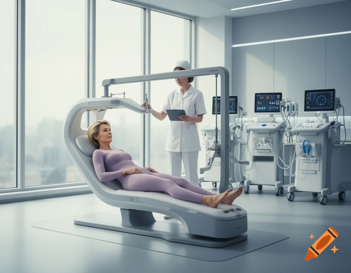 A woman in a light purple jumpsuit lies on a futuristic medical device while a nurse in uniform holds a tablet next to her in a bright, modern room.